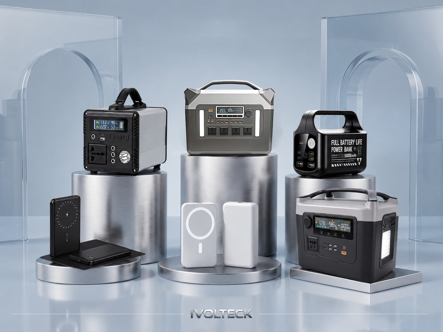 IVOLTECK portable power stations and power banks displayed on metal plinths