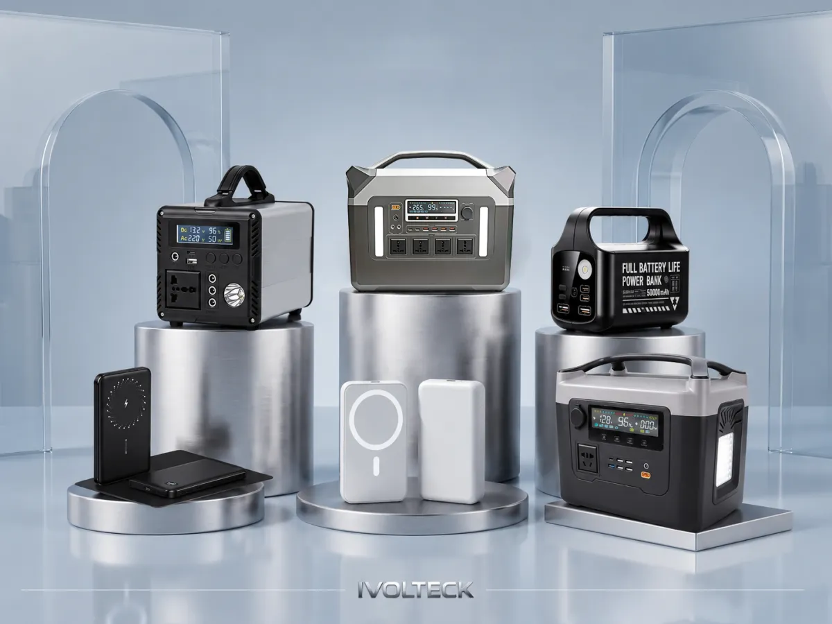 IVOLTECK portable power stations and power banks displayed on metal plinths
