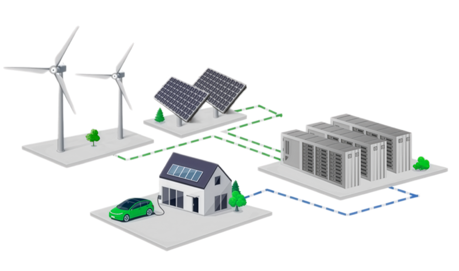 Wind, rooftop photovoltaics, a household with an electric vehicle and grid-scale storage racks linked into one energy network