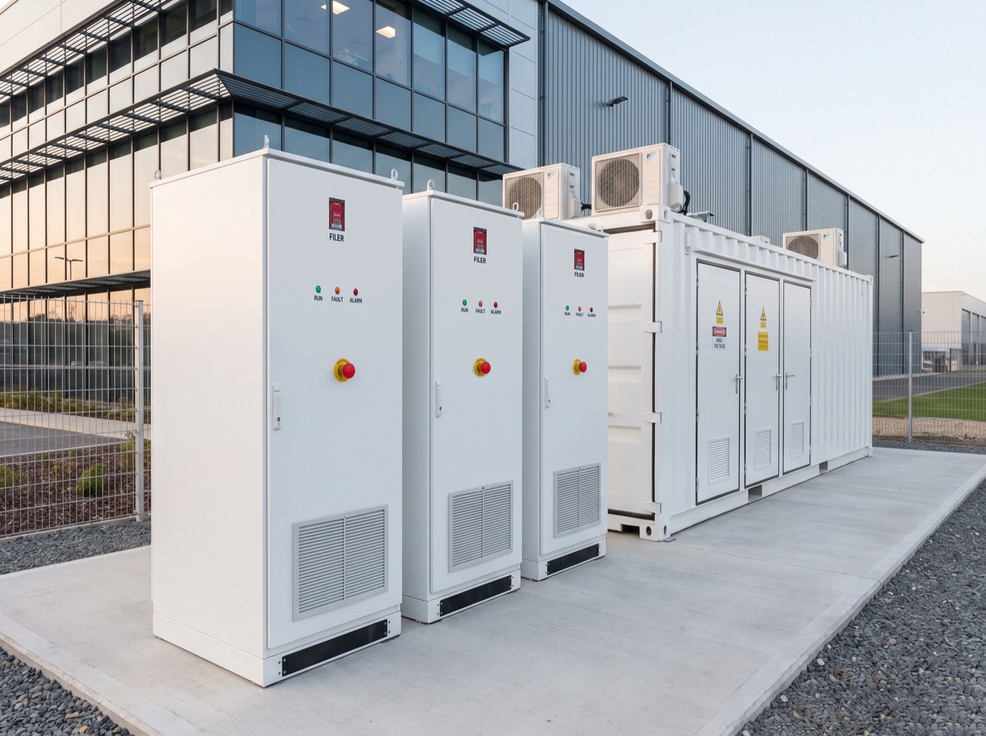 Row of white commercial energy-storage cabinets and a containerised storage unit outside an industrial building