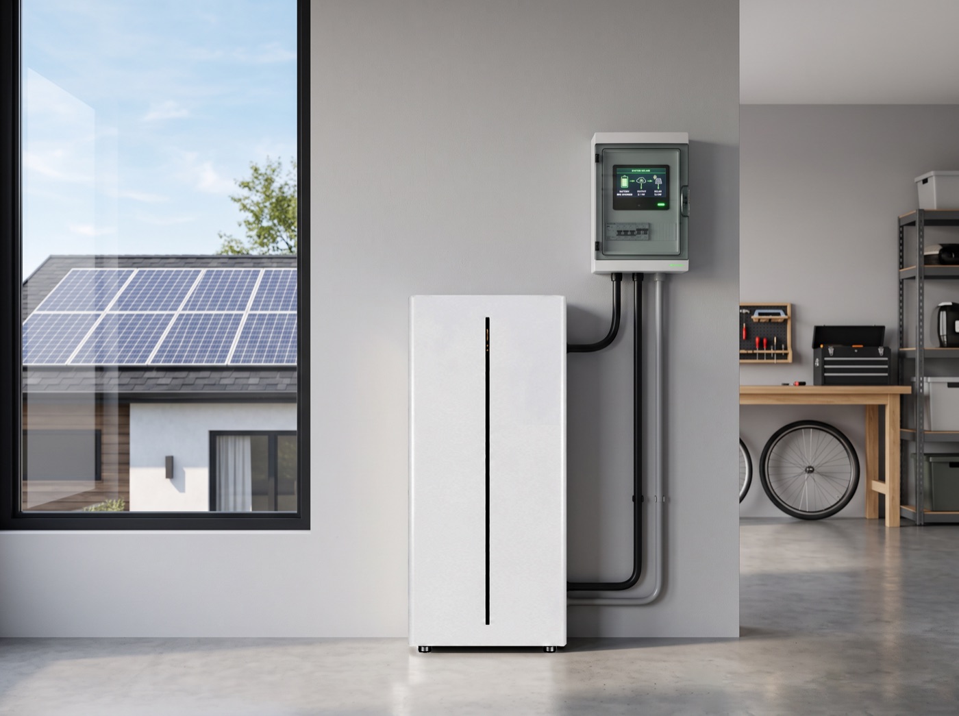 Wall-side home energy-storage unit in a garage, with rooftop photovoltaic panels visible through the window