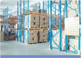 Pallet racking holding packed finished goods in the warehouse
