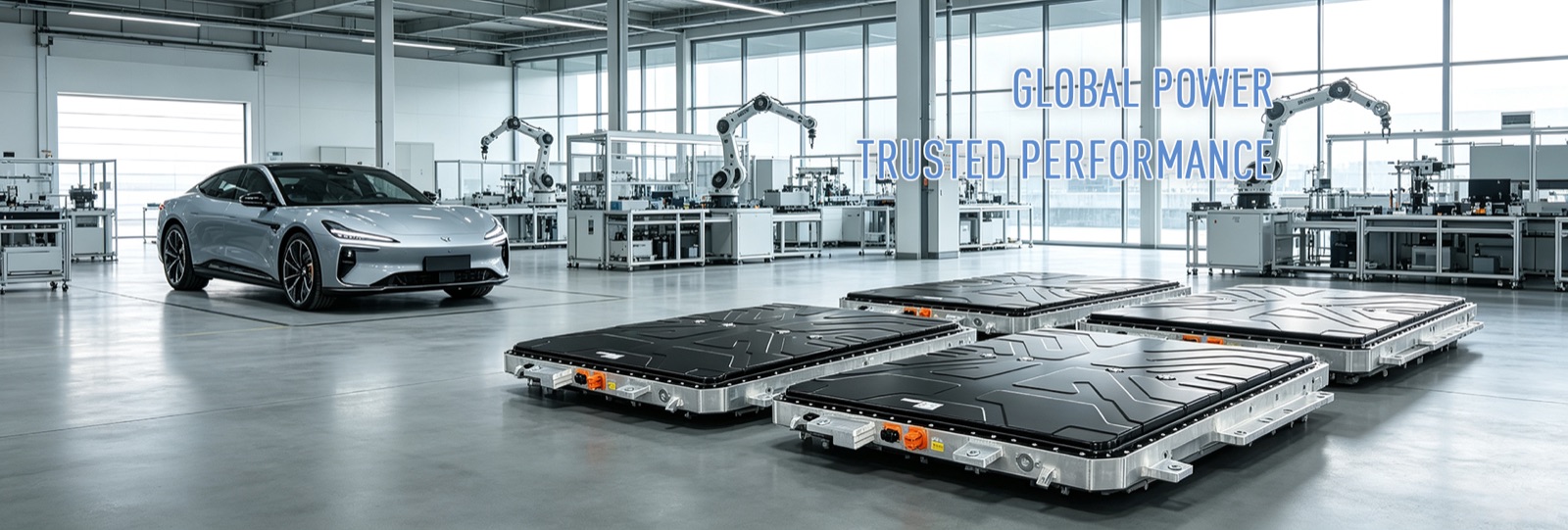 Electric sedan and rows of automotive battery pack trays on a bright assembly floor