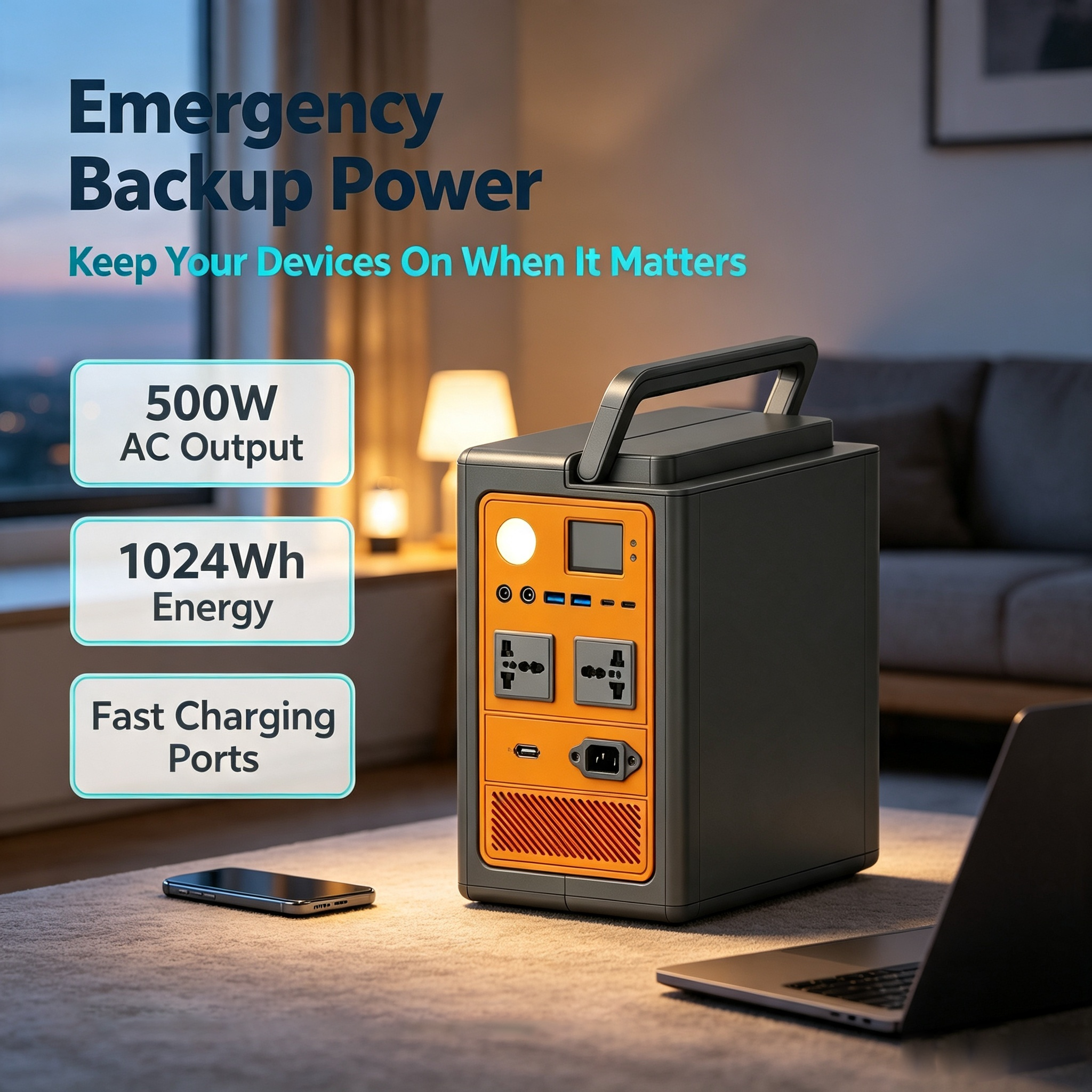 1024Wh 500W Outdoor LiFePO4 Portable Generator with Solar Charging Function