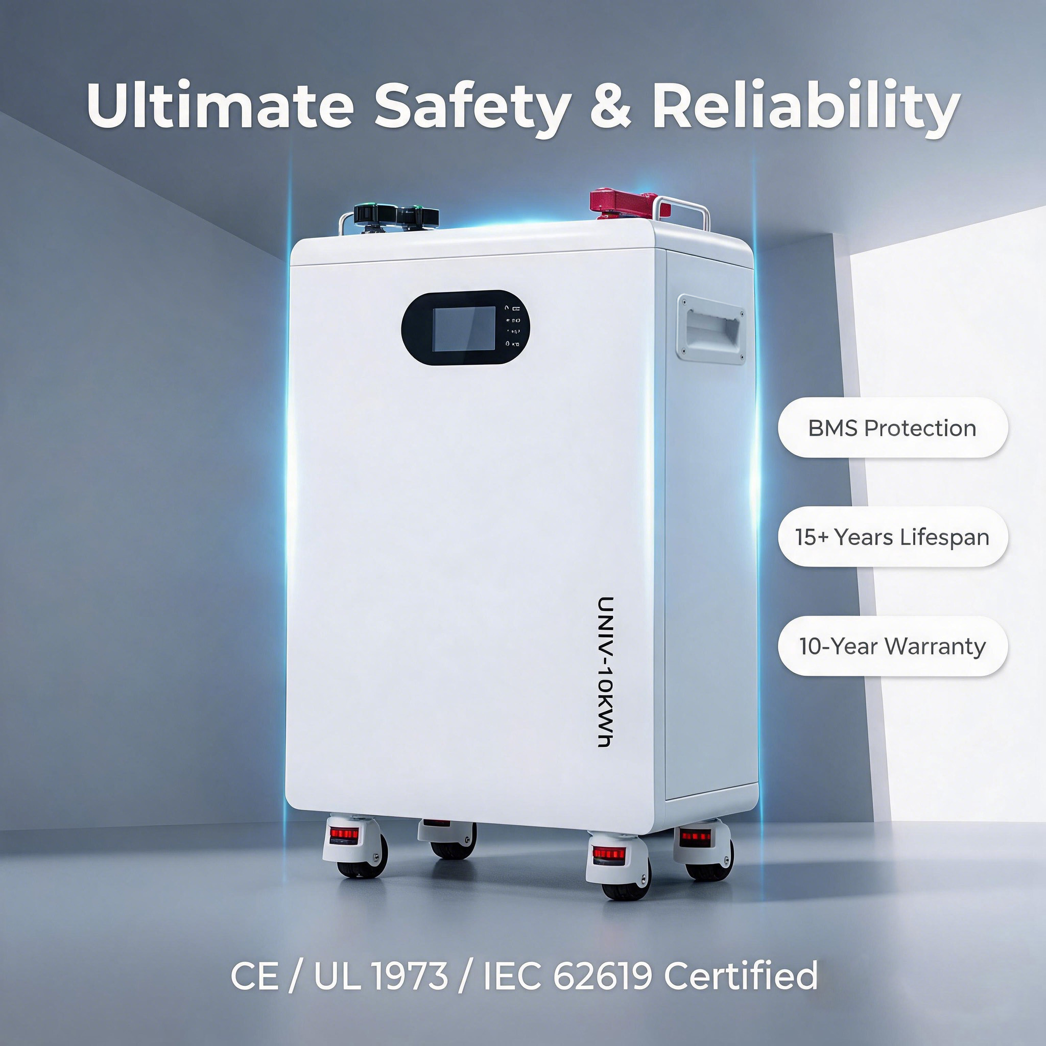 10kWh Home Energy Storage Battery Vertical Cabinet With Lockable Universal Casters Floor Mount No Wall Renovation Garage Basement Solar Storage