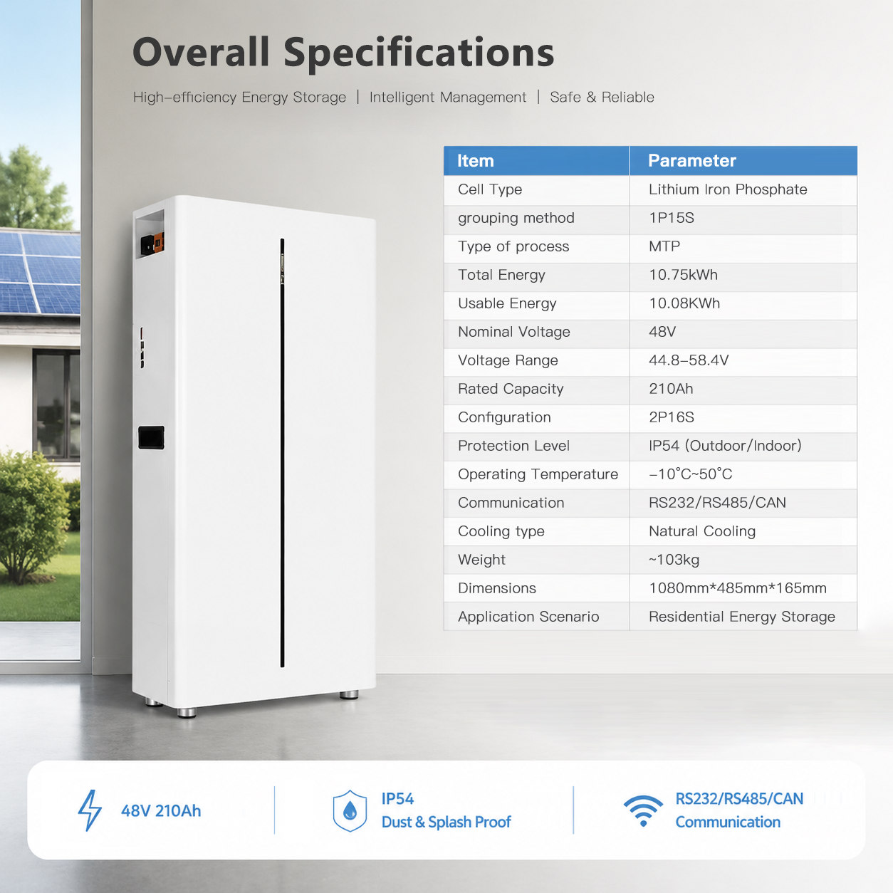 48V 10kWh Residential Solar Energy Storage System IP54 Protection Indoor & Outdoor Installation Natural Cooling Home Backup Power