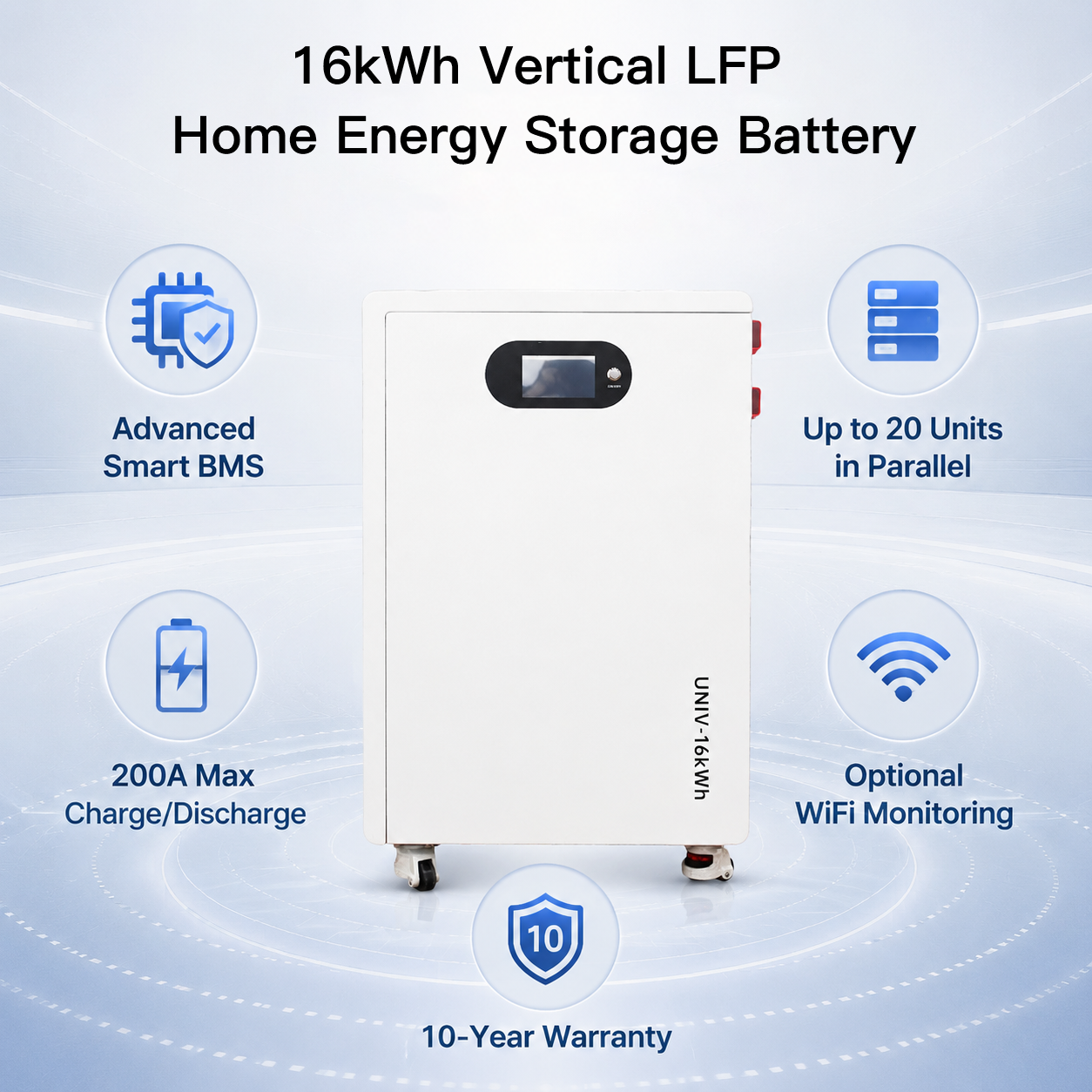 Vertical Compact 16kWh Residential Solar Storage Battery With Casters IP20 Passive Cooling Optional WIFI Remote Monitoring Wholesale Manufacturer