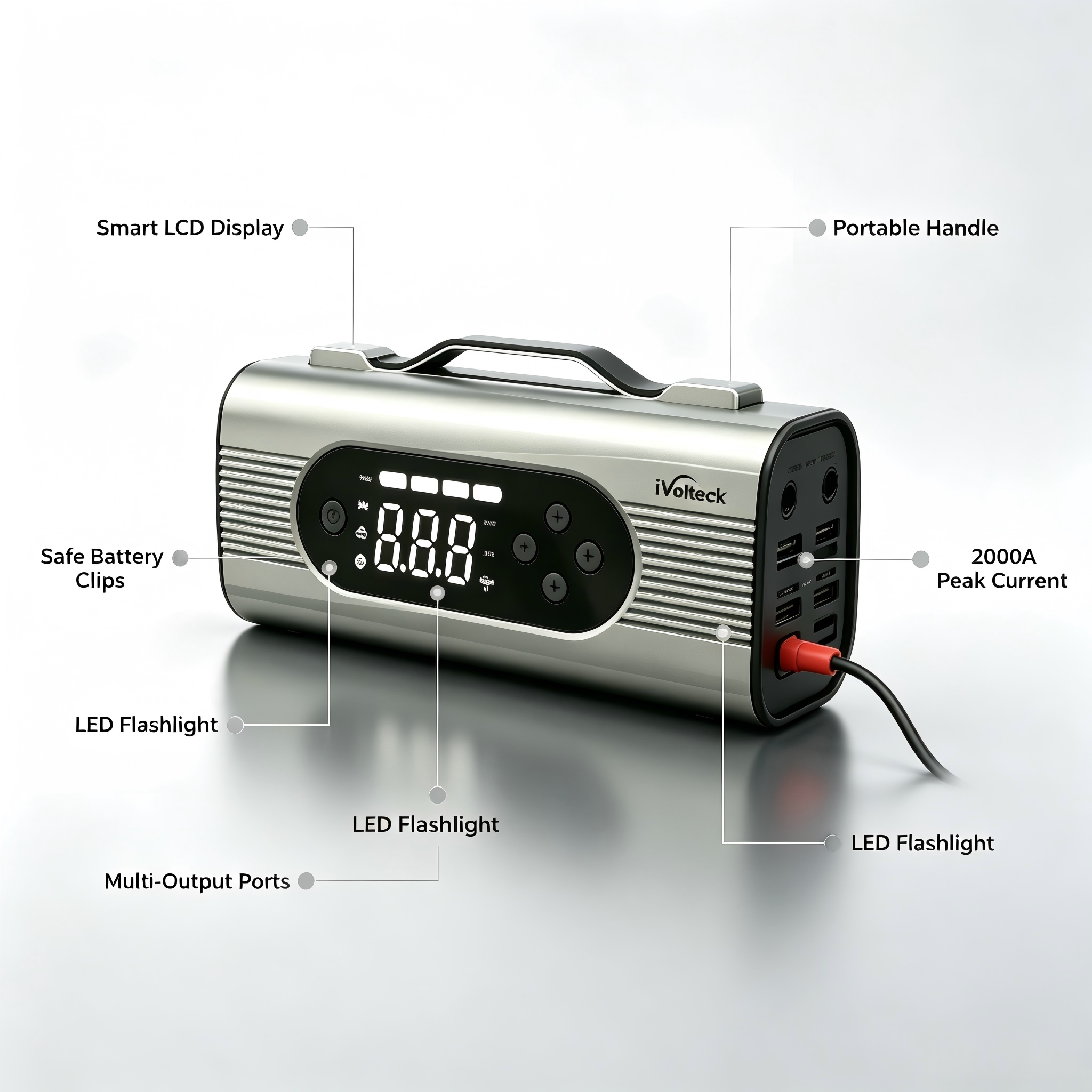 Equipped with built-in 3.7V lithium cell, suitable for 12V gasoline & diesel vehicles jump start.