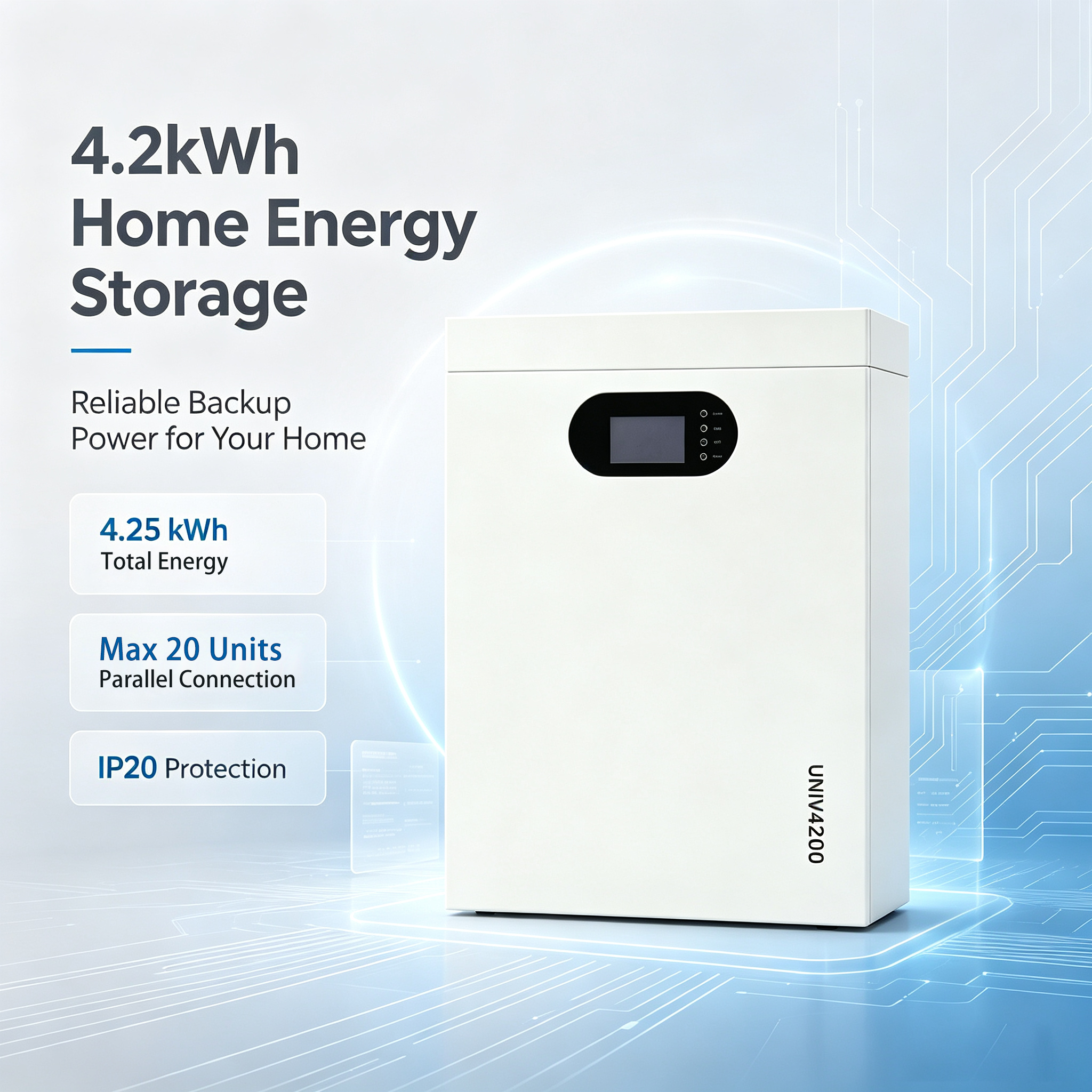 4.2kWh Automotive Grade LiFePO4 Home Energy Storage Battery 3.99kWh Usable Energy 90% DOD Wall Mount Solar Backup Battery 20 Units Parallel Expandable