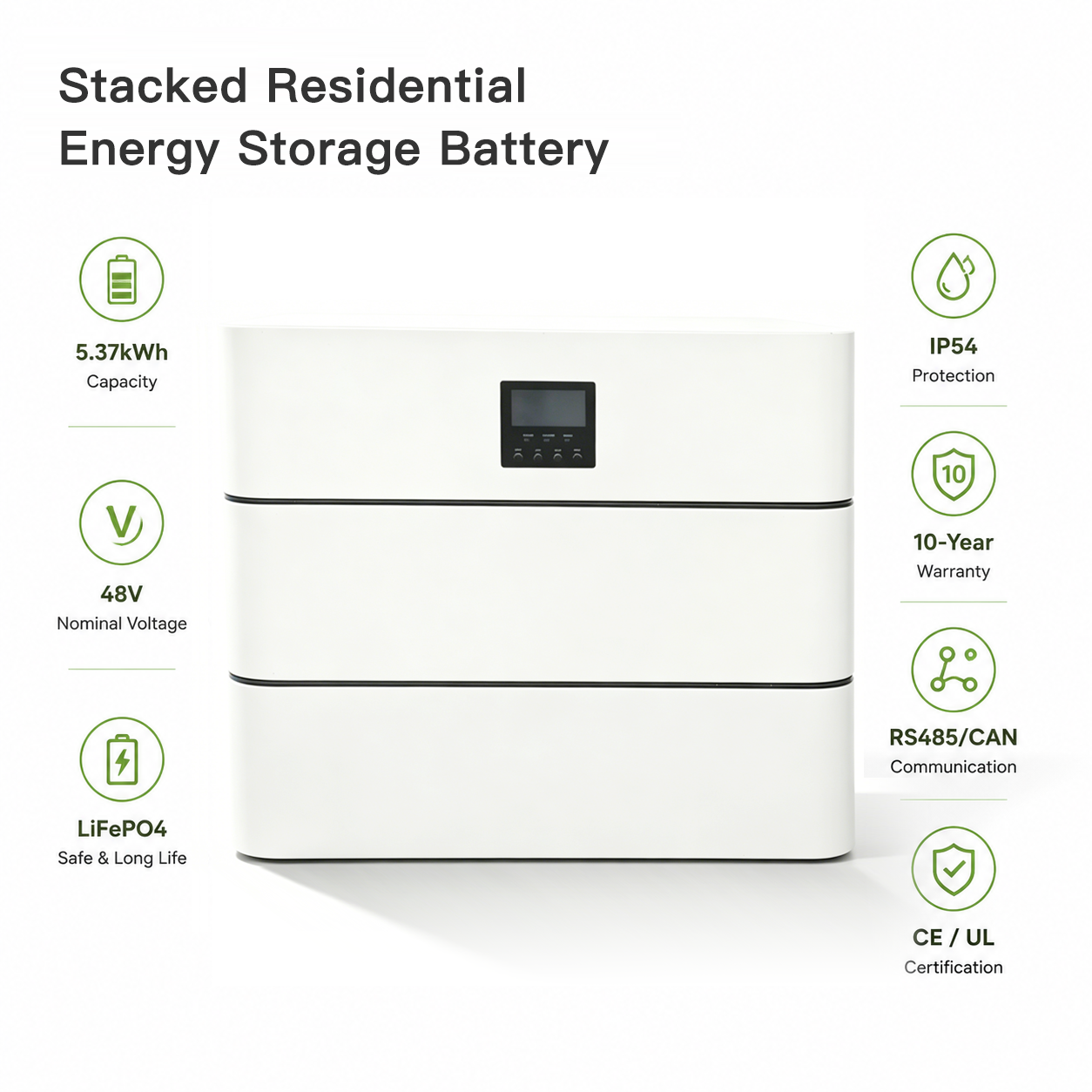 48V LiFePO4 Residential Energy Storage Battery 5.37kWh, IP54 Indoor & Outdoor Solar Backup Power, OEM ODM Available