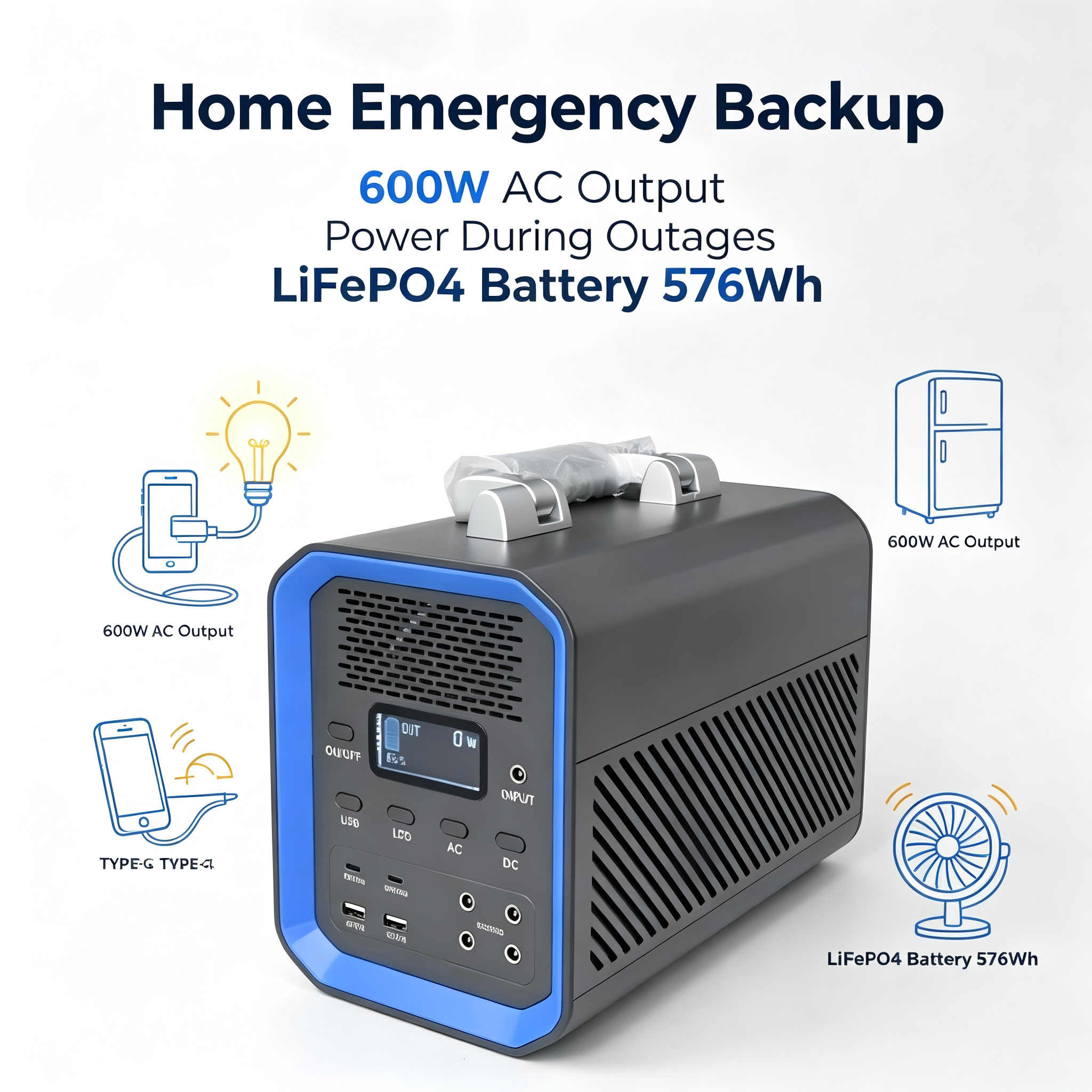 600W Portable Power Station 576Wh LiFePO4 Battery Solar Generator 1200W Peak Pure Sine Wave AC 220V Output, 2 USB & 2 Type-C Ports, 18V Solar Charging for Camping Home Emergency Power Outage