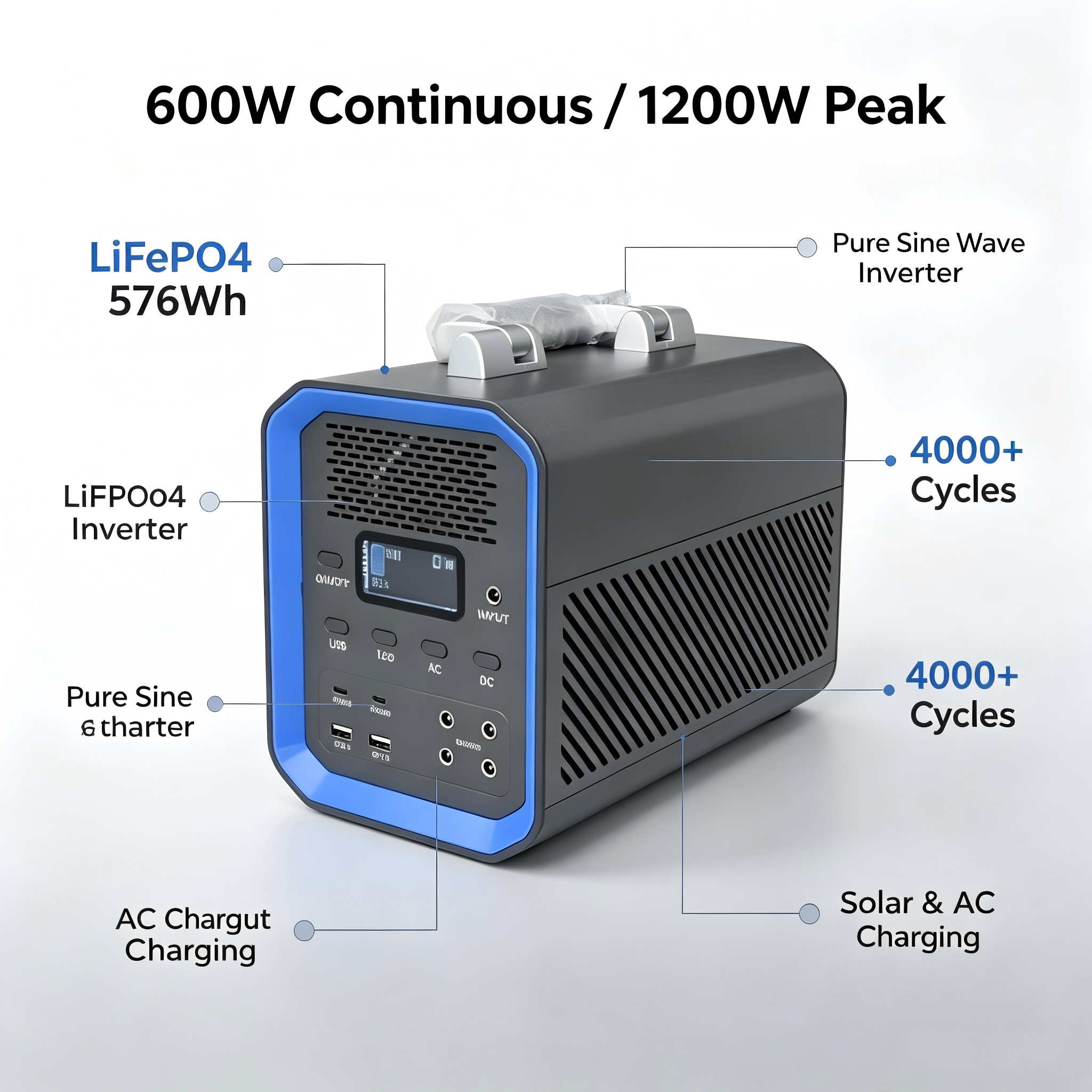 600W 1200W Peak LiFePO4 Power Station