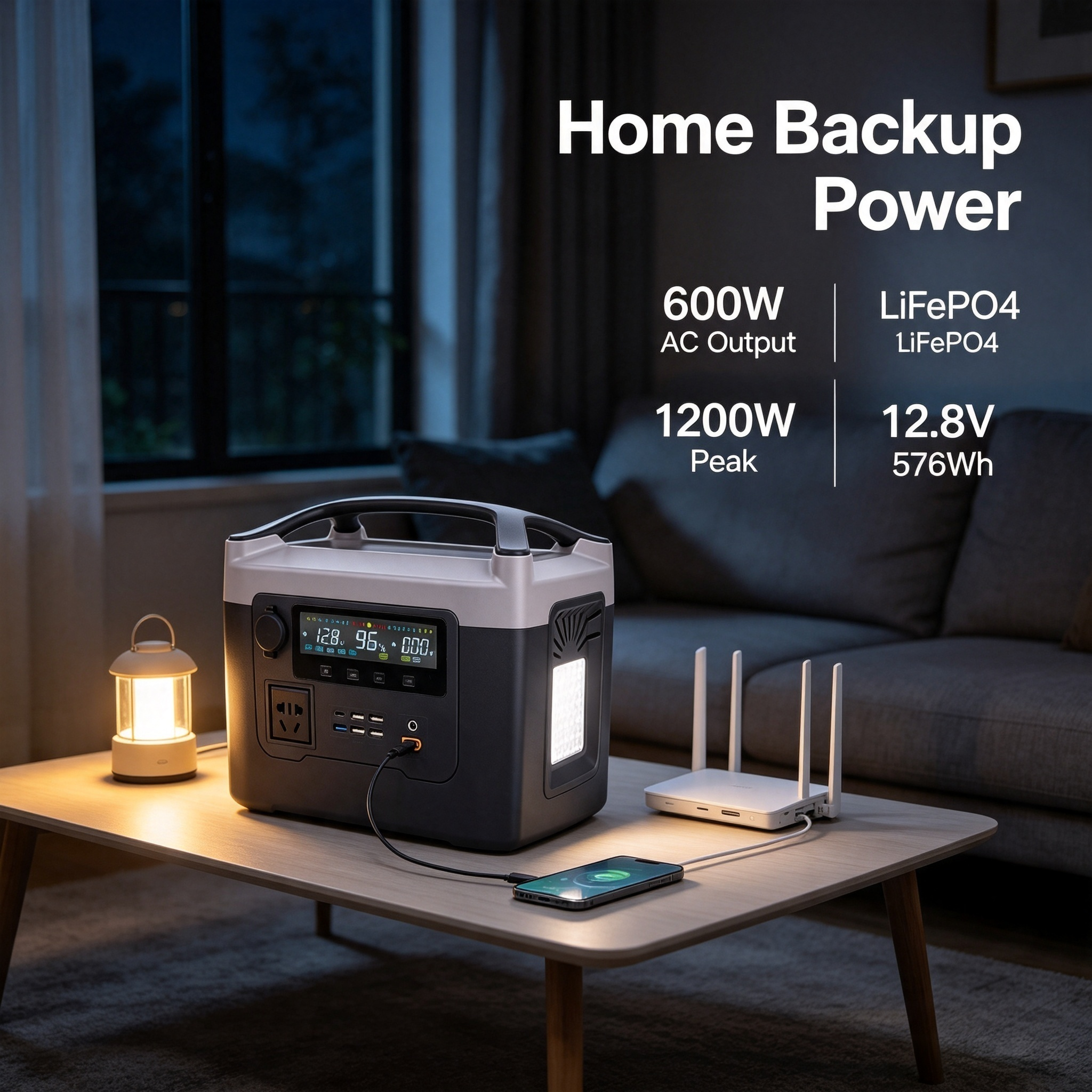600W Pure Sine Wave 576Wh Portable Power Station With Wireless Charging