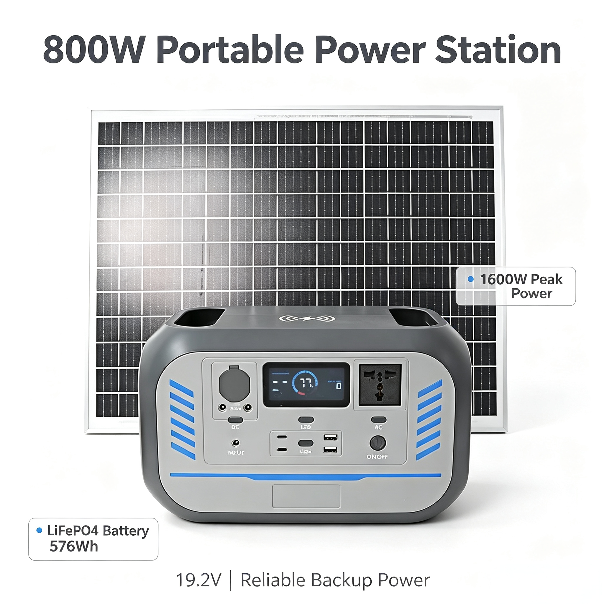 800W Wireless Charging Portable Solar Power Station 576Wh LiFePO4
