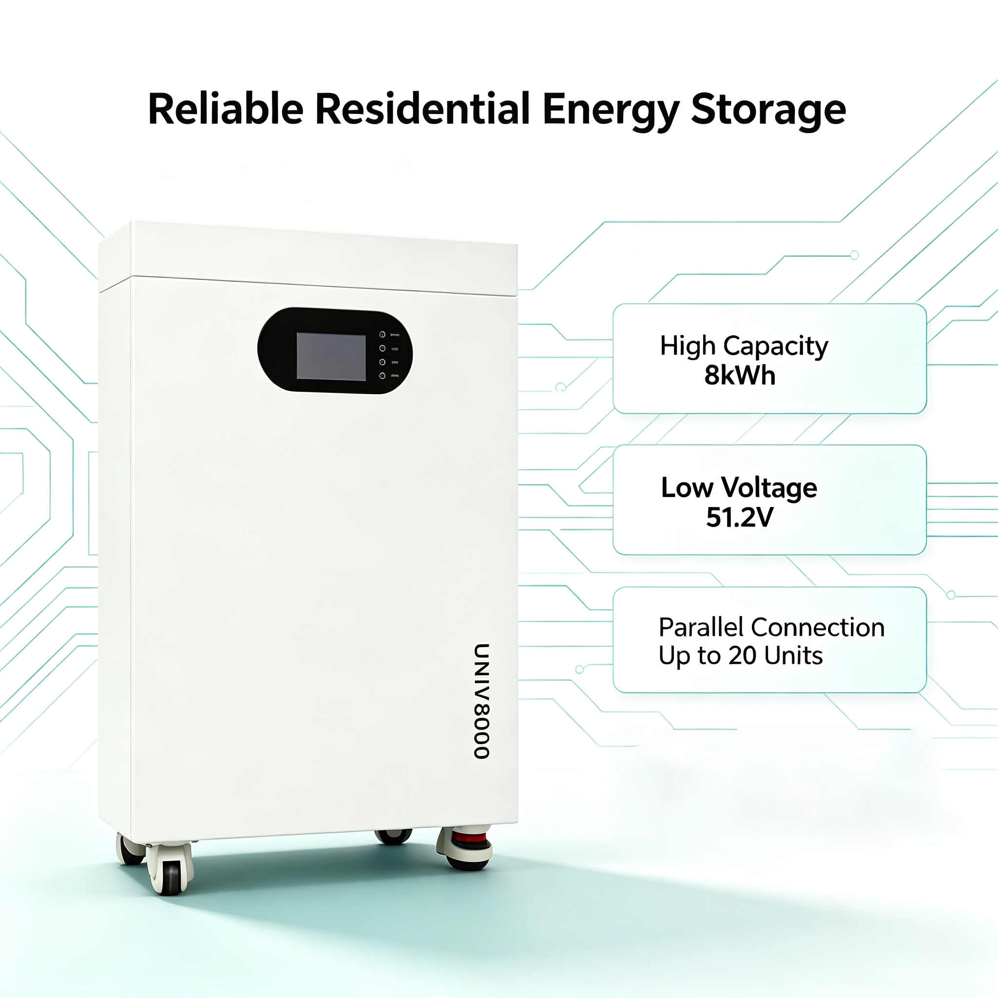 Wall Mounted 8kWh Residential Solar Energy Storage System With Casters Passive Natural Cooling Smart BMS Bluetooth Monitoring