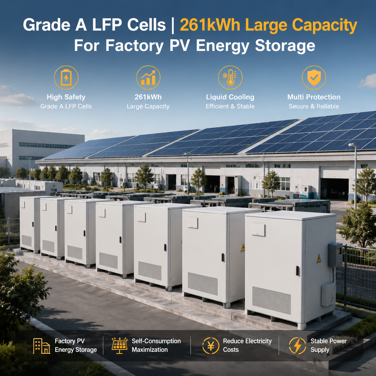 Commercial & Industrial Liquid Cooled Energy Storage System 261kWh 125kW LFP Battery Cabinet, Grid-tied & Off-grid for Peak Shaving, Microgrid & Factory Backup Power
