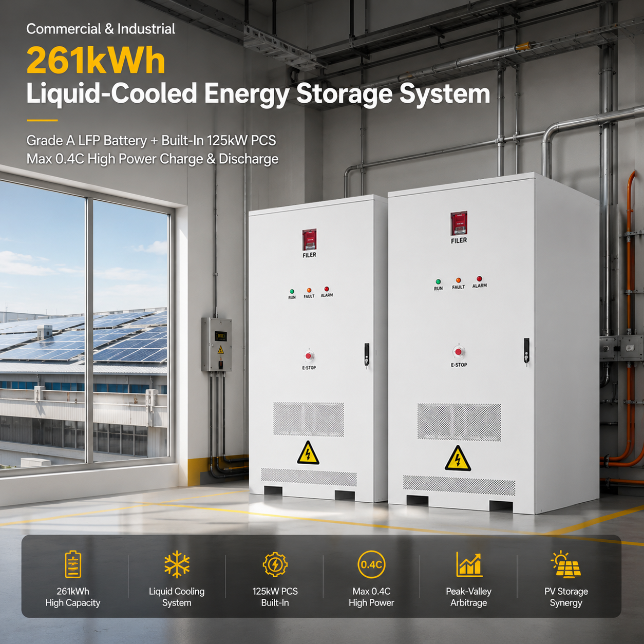 261kWh 125kW Liquid Cooling Battery Energy Storage Cabinet with Built-in PCS, Max 137kW Output for Commercial Rooftop PV & Emergency Power Supply